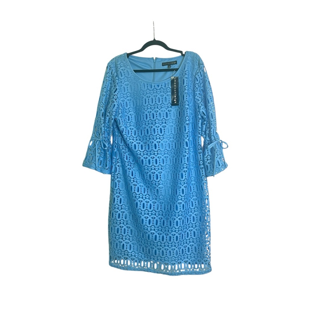 Madison Leigh Dress Sky Blue  Venetian Lace Lined Zip 3/4 Sleeves size 12
